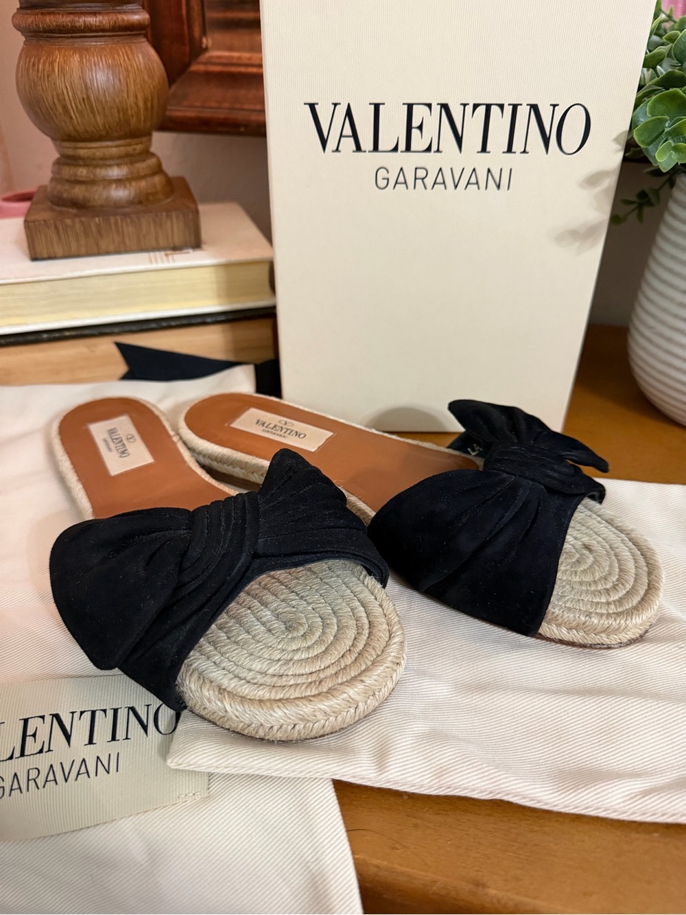 Valentino Garavani Black Velvet Knotted Bow Espadrille Slide